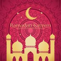 Golden silhouette of arab mosque and moon Red Ramadan Kareem Vector