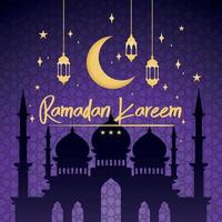 Arab mosque silhouette Golden crescent moon and lamps Ramadan Kareem Vector