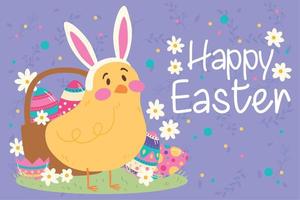 Cute little chicken and a basket with painted eggs Easter week Vector