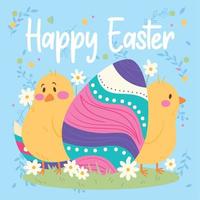 Pair of cute little chicken and an easter egg Easter week card Vector