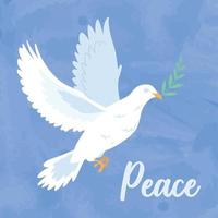 Flying white pigeon with a laurel wreath Blue peace concept background Vector