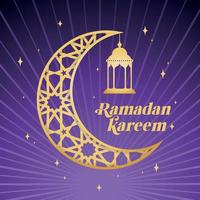 Golden crescent moon with pattern and arab lamp Ramadan Kareem Vector