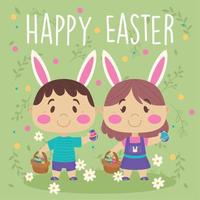 Cute pair of kids with bunny ears and easter eggs Easter week Vector