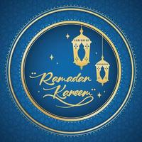 Golden arab lanterns on round label pattern background Ramadan Kareem Vector