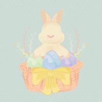 Cute rabbit taking care of easter eggs on a wooden basket Easter Vector