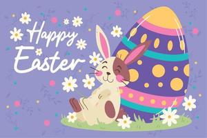 Cute rabbit laying on a painted egg Easter week concept template Vector