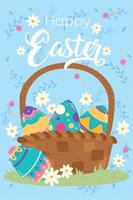 Wooden basket with easter painted eggs Easter week invitational card Vector