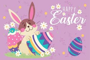 Cute rabbit laying on a painted egg Easter week concept template Vector