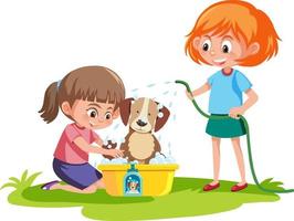 lindo perro toma un baño con dos niñas vector