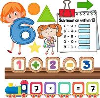 Math classroom objects with supplies and students vector