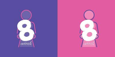 la figura 8 es una mujer parada en su mano, logotipo moderno y diseño de afiches. conjunto de logotipo de diseño del día internacional de la mujer del 8 de marzo en colores rosa y morado. vector