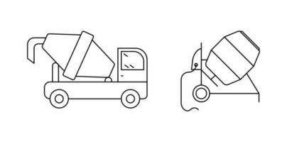 Concrete converter and truck icon set. Engineering icons. Construction icons over white background. Technical line art vector illustration. Cement processing machine. Editable line set