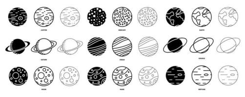 Planet icon set vector. Modern design Earth, Venus, Moon, Saturn, Mars and many planets icons. Logo-icon design set for website and mobile application. Editable drawing and silhouette in one. vector