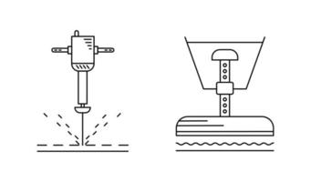 Ground boring and groundbreaking machine icon set. Civil engineering icons. Ground piercing-trimming tools icons on white background. Technical line art vector illustration. Editable line set.
