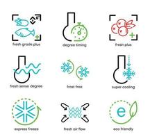 Express ice cream, frost free, eco-friendly button etc icon set. Such statements are refrigerator and air conditioning set. Colorful refrigerator button icon set. Editable Stroke. Logo, web and app. vector
