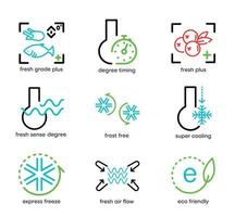 Express ice cream, frost free, eco-friendly button etc icon set. Such statements are refrigerator and air conditioning set. Colorful refrigerator button icon set. Editable Stroke. Logo, web and app. vector