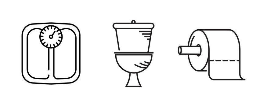 Bathroom objects icon. Foot Scale, toilet and toilet paper logo and icon set. Linear and linear icon set. Bathroom objects line icons. Editable line. Logo, web and app pixelated design. vector