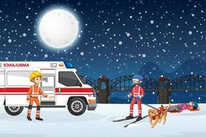 escena de nieve con rescate de bomberos en estilo de dibujos animados vector