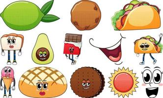 Set of facial expression with vintage style food cartoon on white background vector
