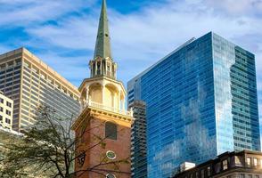 Boston historic center streets near Freedom Trail and main attractions at a bright sunny day photo