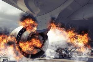Grounded plane in the airport experiencing a catastrophic failure event caused by burning engine, fire and smoke photo