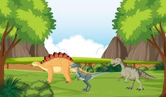 escena con dinosaurio en el bosque vector