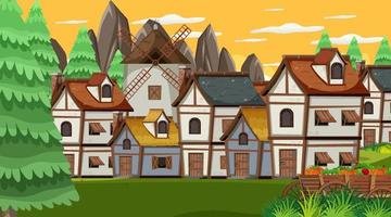 Medieval town scene with sunset vector