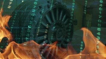 Bank Vault being burned, a concept of financial crisis and diminishing return from investments or a concept of digital hacking of financial system photo