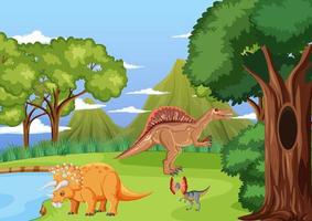 escena con dinosaurios en el bosque vector