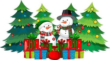 muñeco de nieve de navidad con muchas cajas de regalo y árbol decorado vector