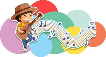 A little boy playing guitar with music notes on white background vector