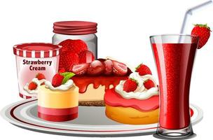 Strawberry bakery and beverage set vector