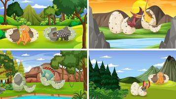 Different prehistoric forest scenes with dinosaur cartoon vector