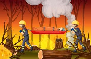 Wildfire scene with firerman rescue in cartoon style vector