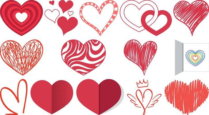 Different style of hearts isolated on white background