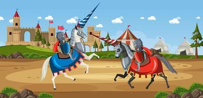 Two medieval knights fighting together vector