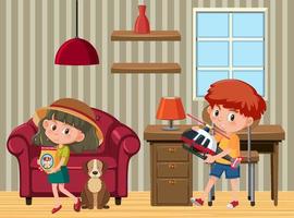 escena de la habitación con personaje de dibujos animados de niños vector