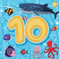 número diez con animales marinos vector