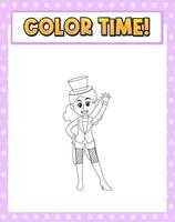 Worksheets template with color time text magician girl outline vector