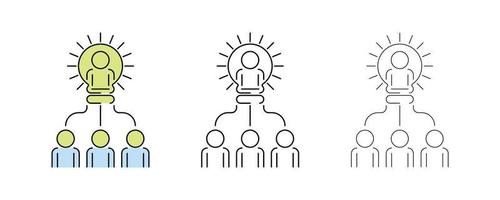 The person who leads for your team and leads with invention. The person inside the light bulb. Icon drawings in different thicknesses and colors. Teamwork vector icons. Editable Stroke. Line art icon.