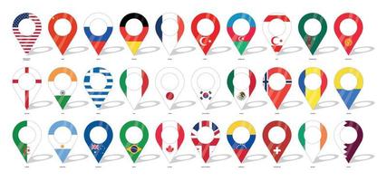 Country flag location sign. 30 flags. United States of America, Chine, Russia, Germany, Turkey, England, India, Greece, Italy and more countries flag icons. Flags of countries with check-ins. vector