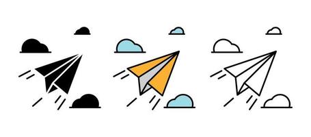 Cardboard airplane icon set. Set of drawings of cardboard airplane taking off among the clouds. Airplane related icon set. Silhouette, colorful and linear set. vector