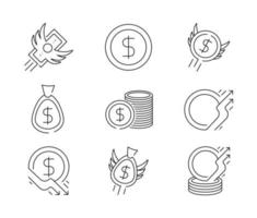 Conjunto de iconos de 9 monedas. dinero, dólares, alas de dinero, finanzas, colección de iconos de contorno bancario. los iconos de la línea de dinero establecen la ilustración vectorial. bolsa de dinero, moneda, tarjeta de crédito, billetera y más. arte lineal moderno. vector