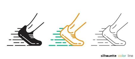 Running feet icon illustration set. Silhouette, colorful and linear set. Icons related to fitness. Sport shoes icon. Running sign. Editable logo. vector