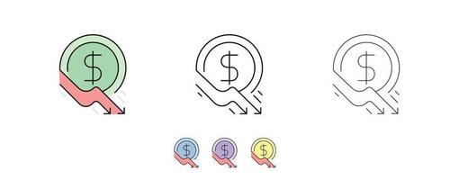 3-coin icon set. Dollar entered a downtrend. Icon set in different colors and different thickness. Money line icons set vector illustration. Modern line art.