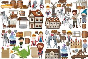 conjunto de edificios de personajes medievales vector