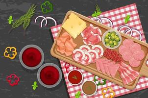 Top view of lunch meat on a wooden tray vector