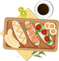 Top view of breakfast on wooden tray vector