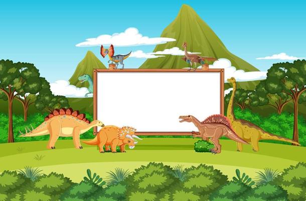 Scene with dinosaurs and whiteboard in the forest