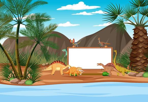 Scene with dinosaurs and whiteboard in the forest